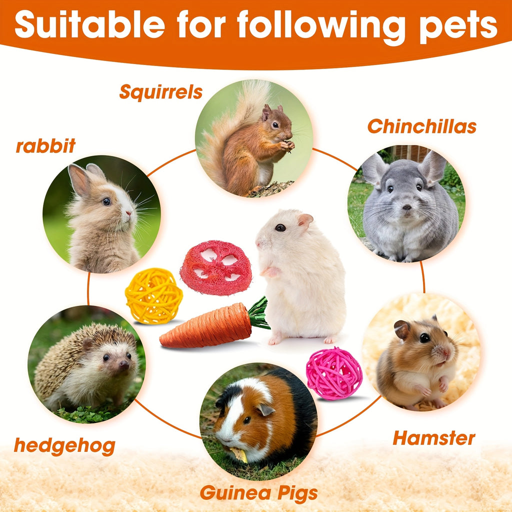 Rabbit Chew Toy Variety Set, 21 Pieces with Timothy Hay Lollipops, Grass Cakes, Hay Sticks, Carrot Shapes and Loofah Balls for Small Pet Enrichment