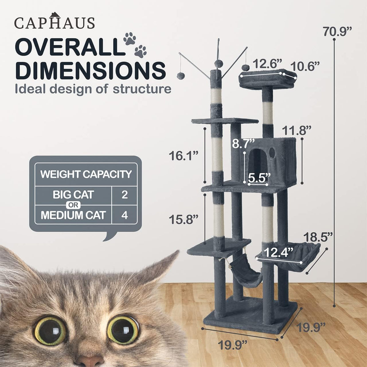 Tall Cat Tree 70 Inch for Indoor Cats, Multi-Level Climbing Tower with Top Perch, Hammock, Cave Condo and Scratching Posts in Three Colors