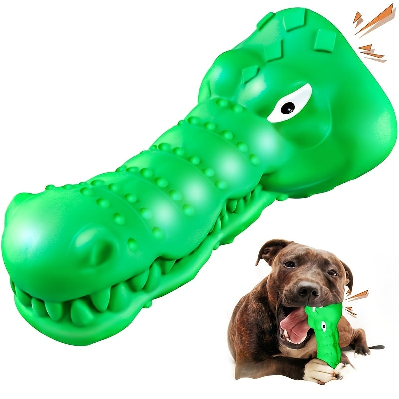 Crocodile Head Dog Chew Toy, Green Textured Rubber Squeaky Toy with Milk Scent for Supervised Chewing, Interactive Indoor and Outdoor Play