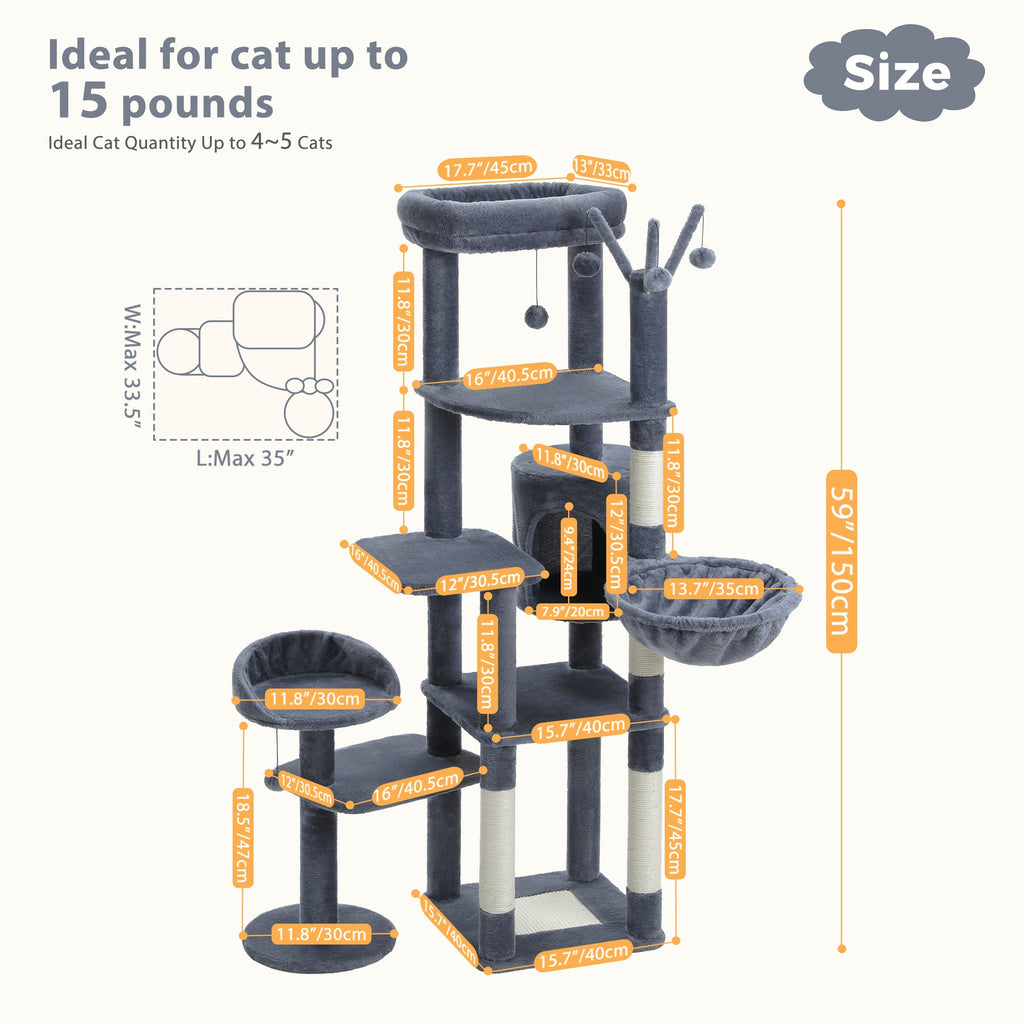 Cat Tree with Twin Perches and Large Hammock, Multi-Level Indoor Cat Tower with Condo Hideaway, Sisal Scratching Posts and Cactus Green Color Option