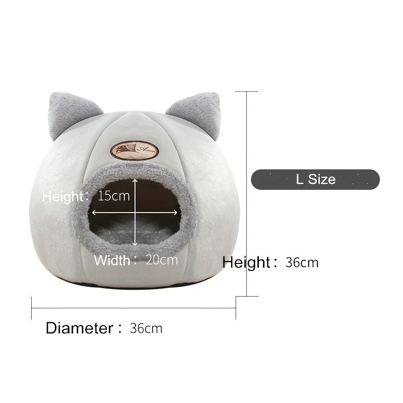 Cat Cave Bed with Cute Cat Ears for Indoor Cats and Kittens, Gray Enclosed Sleeping House with Rounded Entrance for Quiet Naps