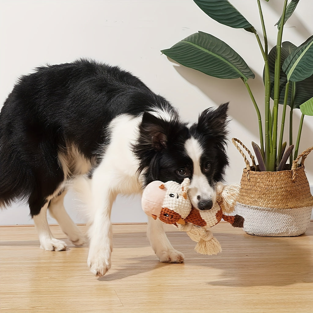 Cow Dog Toy with Knotted Rope Legs, 8-Inch Squeaky Crinkle Plush Pet Toy for Supervised Gentle Tug of War, Fetch and Interactive Puppy Play
