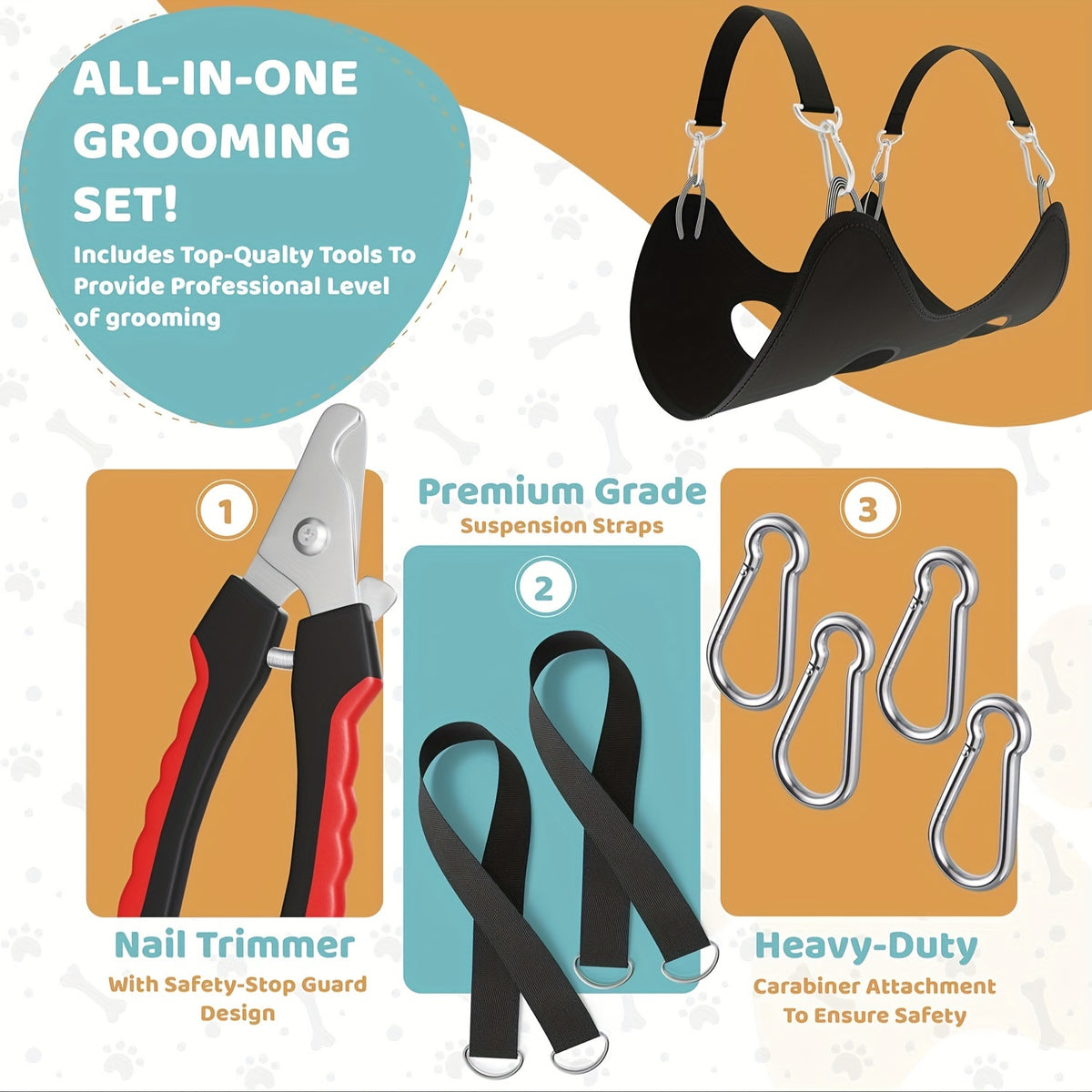 Dog Grooming Hammock with Nail Trimmer for Small to Large Dogs, Sturdy & Safe Grooming Harness Sling with Durable Carabiner Clips & Straps for At-Home Nail Trimming, Bathing & Coat Care, XS-L