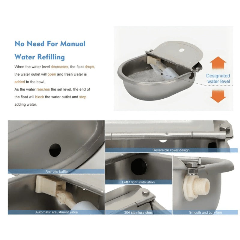 Self-Filling Animal Water Bowl 2.5L, 304 Stainless Steel Wall-Mounted Float Valve Waterer for Outdoor Dogs, Horses, Goats, Cows and Chickens