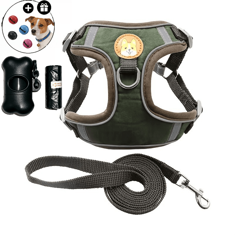 Small Dog Harness and Leash Set with Reflective Breathable Vest, Adjustable Fit, 15 Poop Bags, Random-Color Dispenser and 4 Bells for Daily Walks