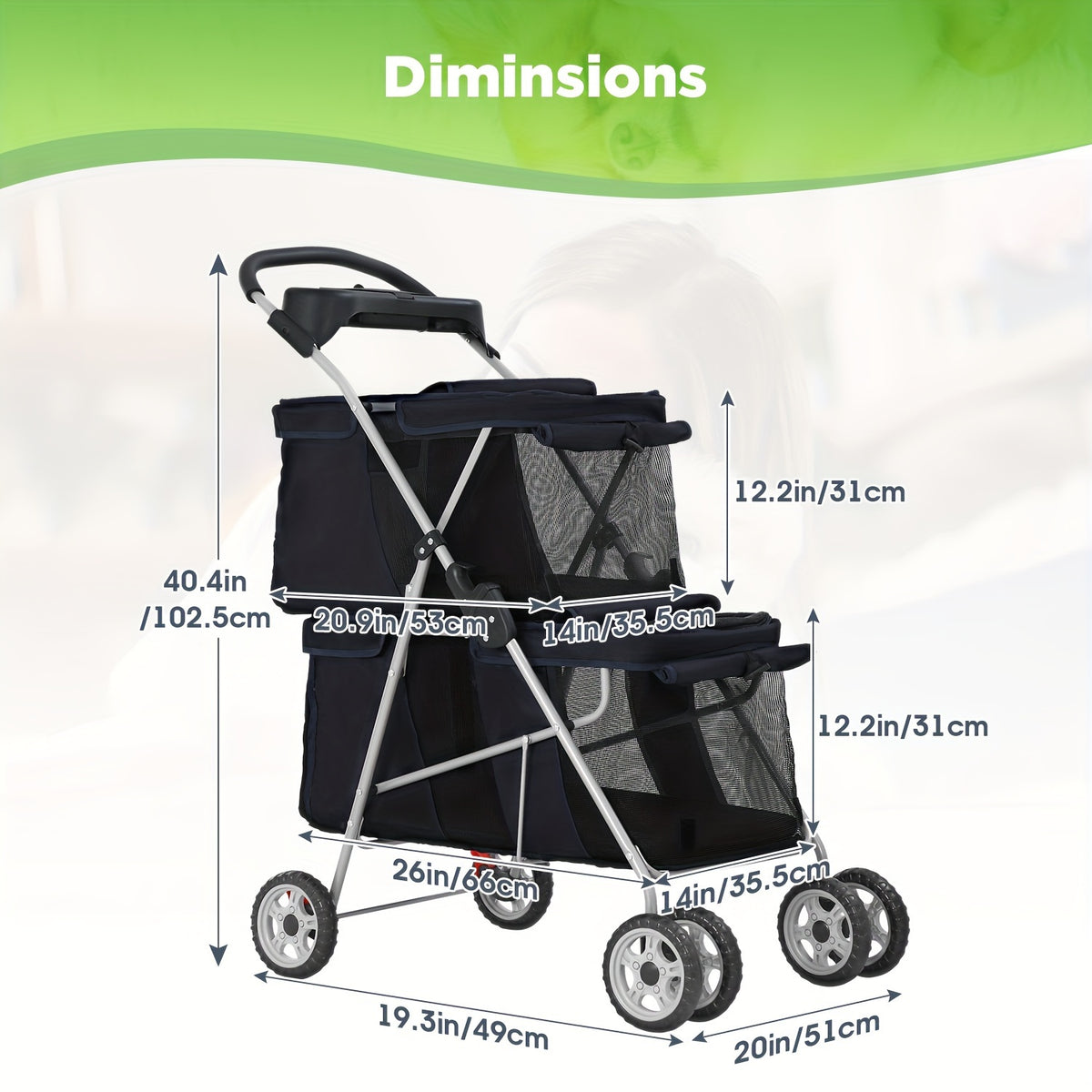 Double Decker Pet Stroller for Dogs and Cats, Foldable Four-Wheel Travel Pushchair with Cup Holder in Black or Pink for Small to Medium Pets