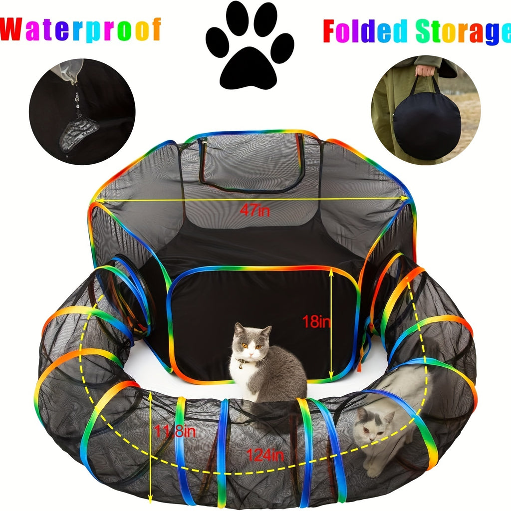 Cat Tent and Tunnel Set, Rainbow Portable Outdoor Cat Playpen with Circle Tunnel for Supervised Backyard Exploration and Everyday Play