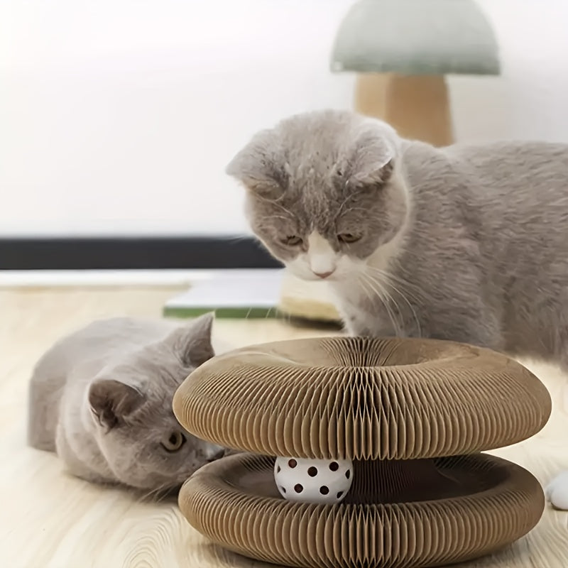 Accordion Cat Scratcher with Ball Track, Foldable Corrugated Cardboard Scratching Pad for Indoor Cats, Brown with Bell Bundle Option