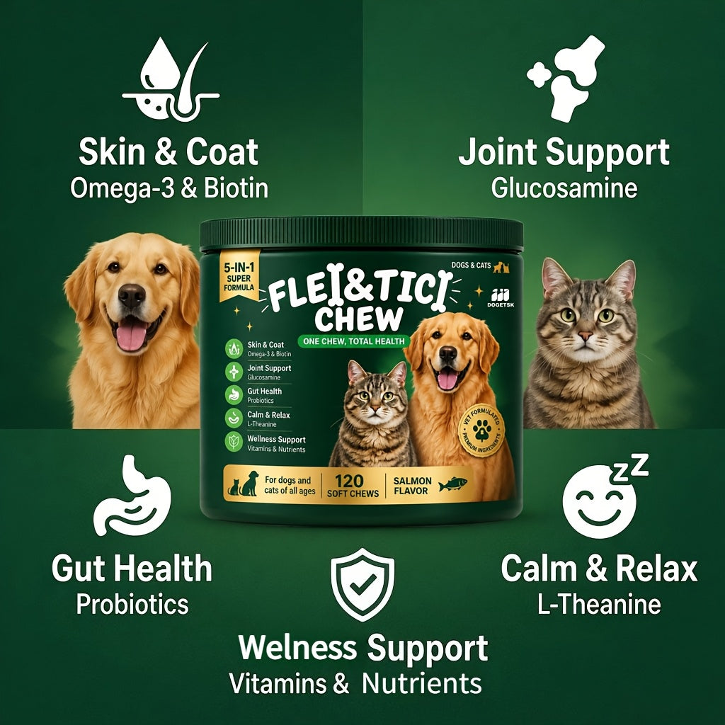 Salmon Flavor Pet Soft Chews for Dogs and Cats, Dogetsk 5-in-1 Formula, 120 Count in One Bottle for Owner-Managed Supplement Routines