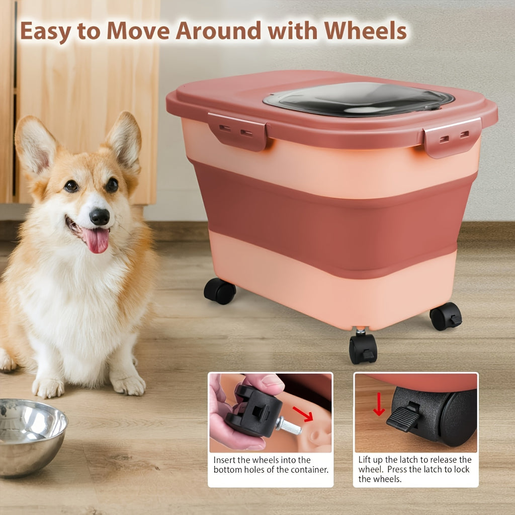 Collapsible Pet Food Storage Container with Airtight Lid and Wheels, 5-30 lb Foldable Dog and Cat Kibble Bin for Kitchen Pantry Organization