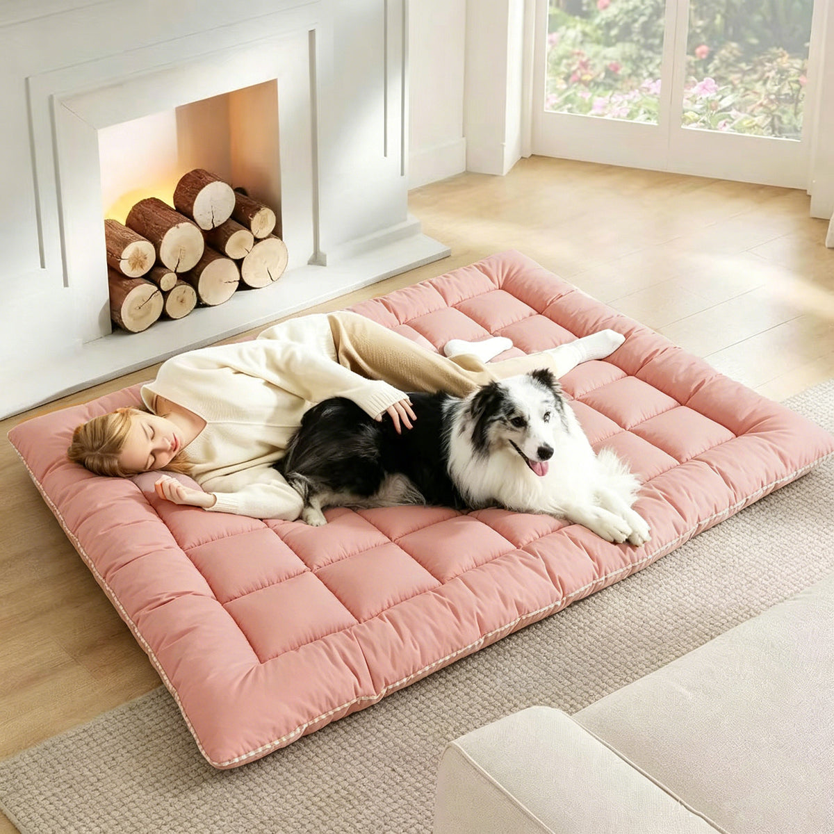 Dog Bed Mat Topper with Four Corner Straps, Rectangular Roll-Up Pet Mattress Pad for Large Dogs and Multi-Pet Homes, L to XXXL with Plush and Faux Fur Options