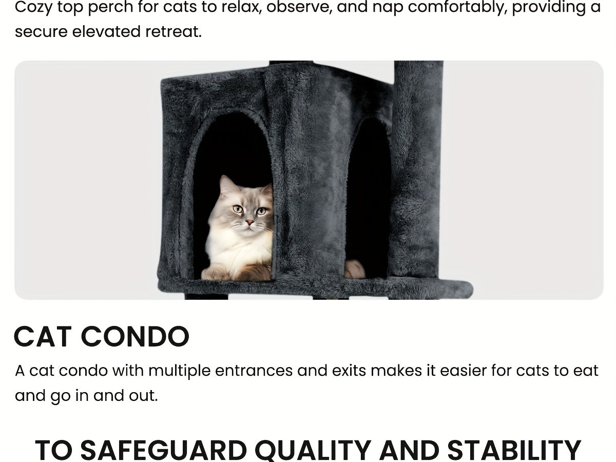 Cat Tower for Indoor Cats 59 Inch, Multi-Level Cat Tree with 2 Condos, Round Top Perch, Sisal Scratching Posts and Hanging Ball Toy, Plush Cat Furniture in 5 Colors
