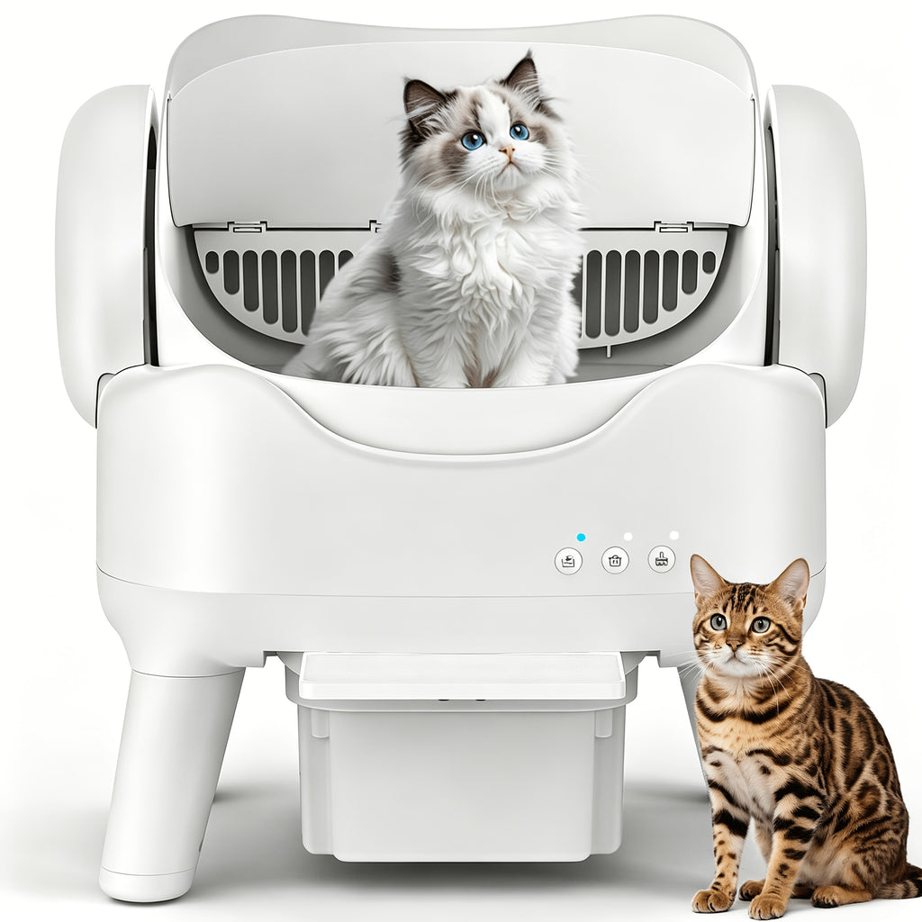 Open Top Self Cleaning Litter Box in White, Automatic Cat Toilet with High Sides, Low Noise Operation and 3.96 Gallon Waste Drawer