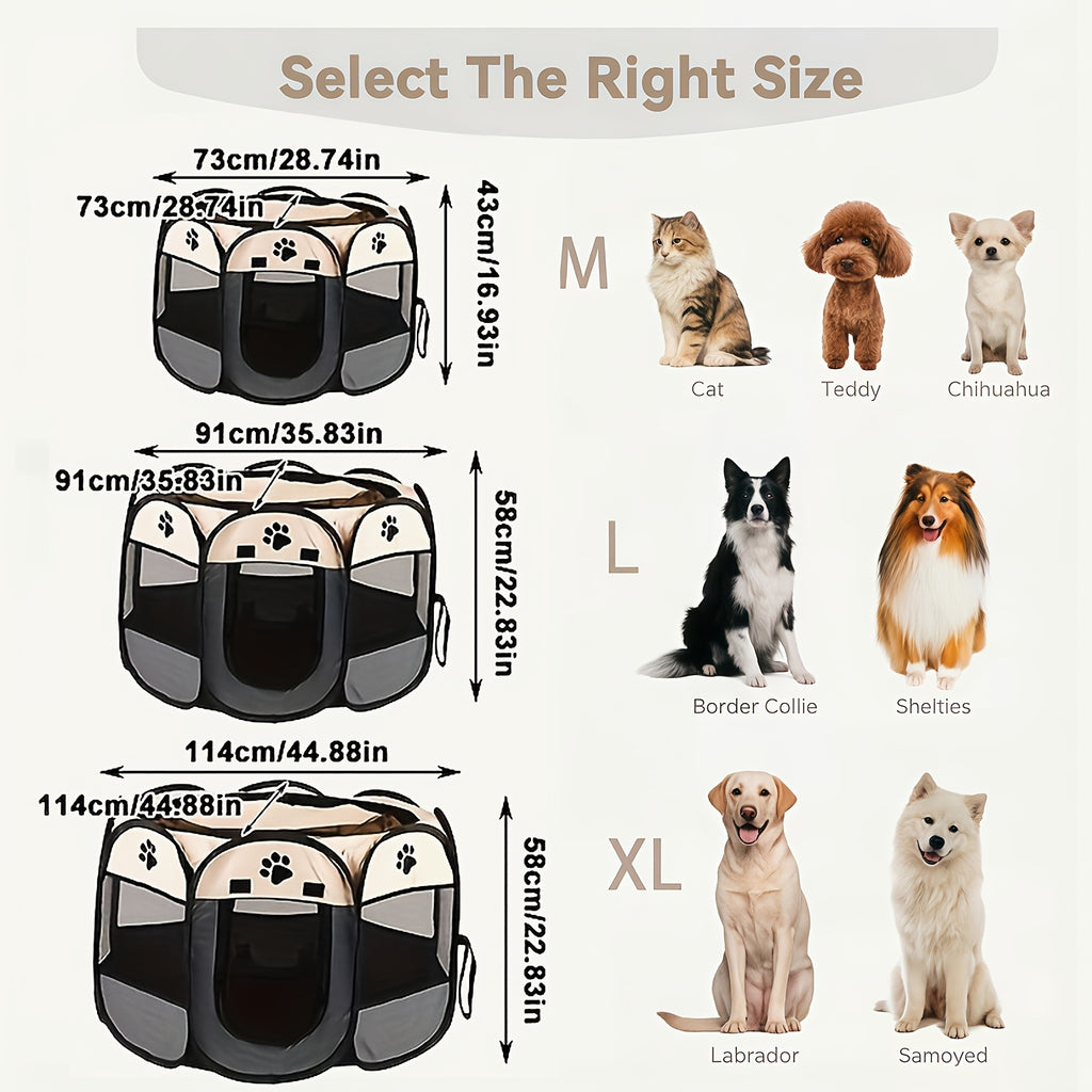 Pet Travel Playpen with Mesh Windows and Zipper Door, Foldable Octagonal Oxford Cloth Tent for Dogs and Cats, Beige Gray or Blue Size Options
