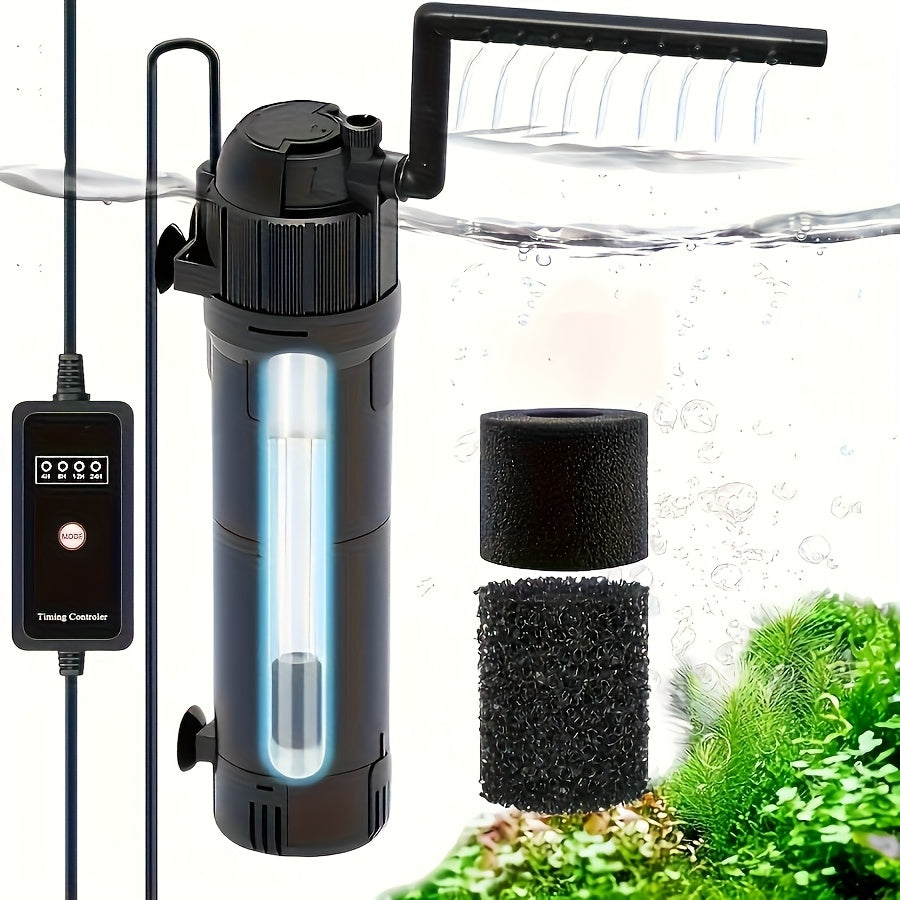 UV Aquarium Filter Pump with Timer for 40-120 Gallon Fish and Turtle Tanks, Adjustable Flow and Direction, Aeration and Rainfall Modes with Sponge