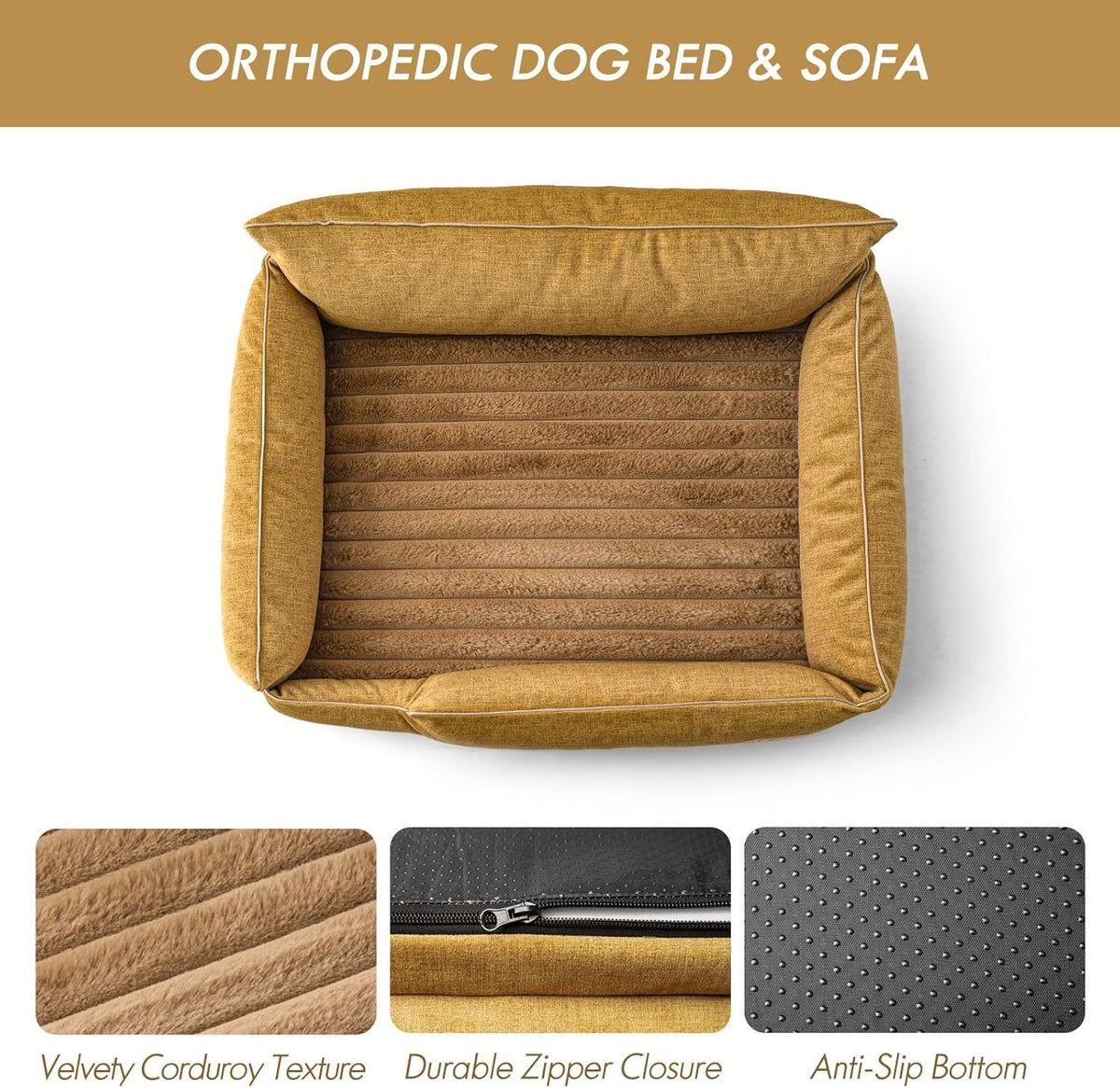 Dog Bed with Removable Bolsters, Egg Crate Foam Pet Sofa with Machine Washable Cover and Non-Slip Bottom, M L XL Sizes in Three Color Options