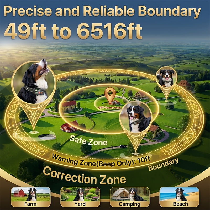 GPS Dog Fence System with No Subscription, Rechargeable Wireless Boundary Collar with 3 Training Modes for Medium and Large Dogs, Black or Orange