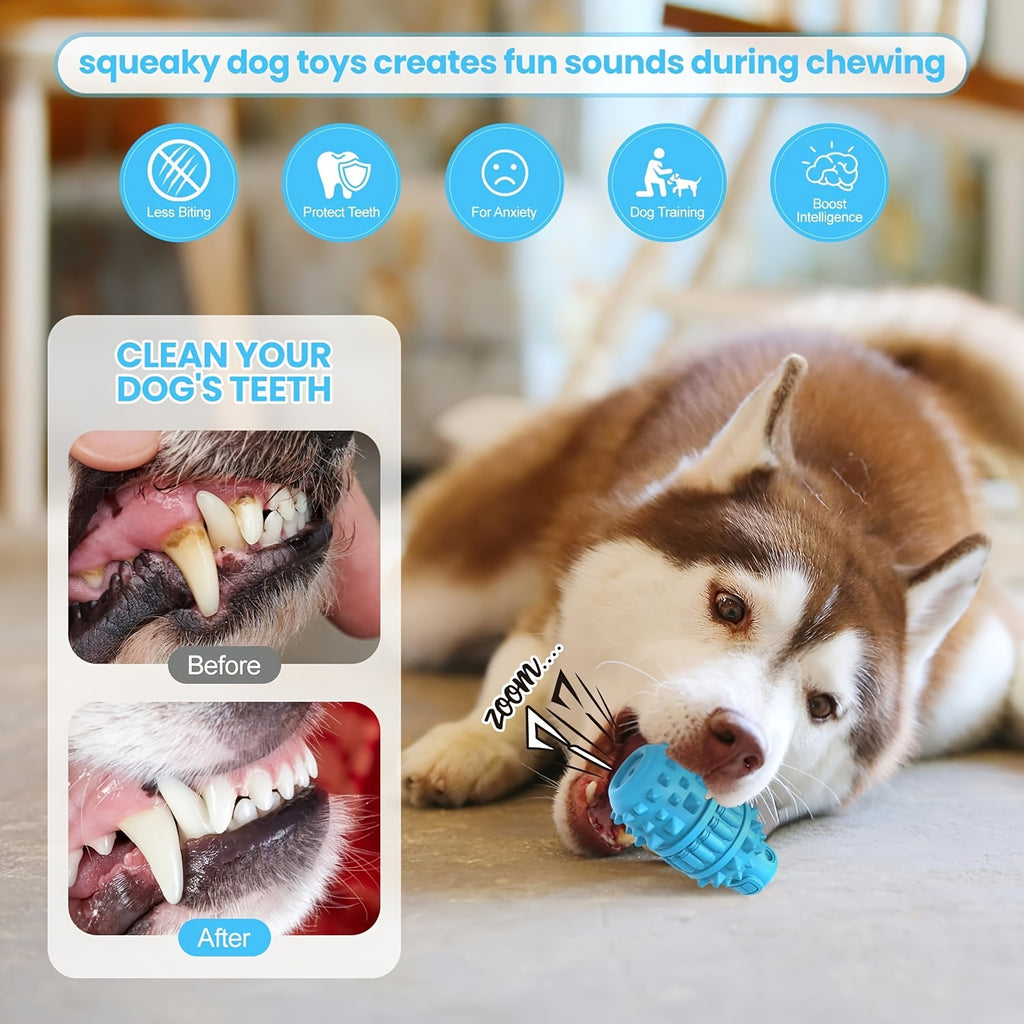 Bottle-Shaped Dog Chew Toy with Squeaker, Textured Rubber Play Toy in Green or Blue for Medium and Large Dogs, Supervised Interactive Games