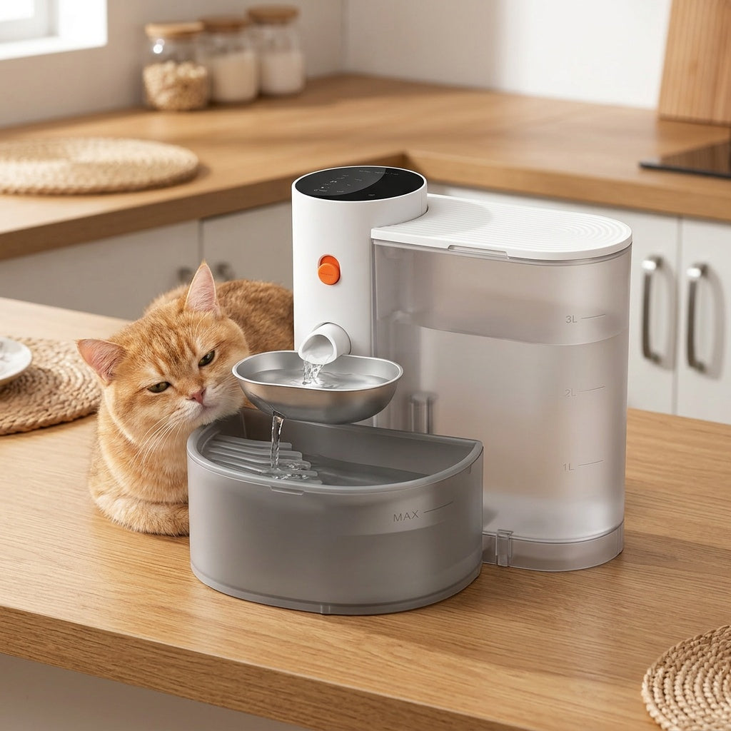 Rechargeable Cat Water Dispenser with Automatic Tilt Water Changes, Separate Clean and Waste Tanks, White Pet Drinking Station for Multi-Cat Homes
