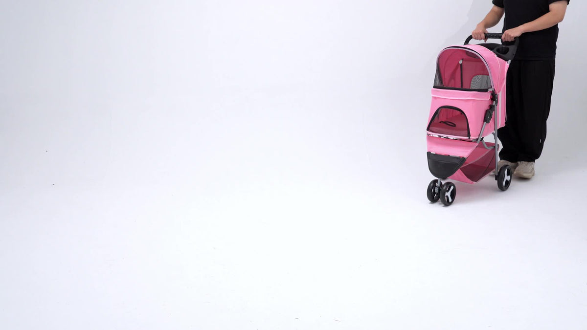 Three-Wheel Dog Stroller with Weather Cover, Foldable Mesh Pet Pushchair for Small Dogs and Cats, Storage Basket, Cup Holder and 10 Style Options