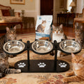 Adjustable Elevated Cat Bowls with 15 Degree Tilt, 2 or 3 Stainless Steel Food and Water Dishes on Black Stand, Standard or Widened Styles