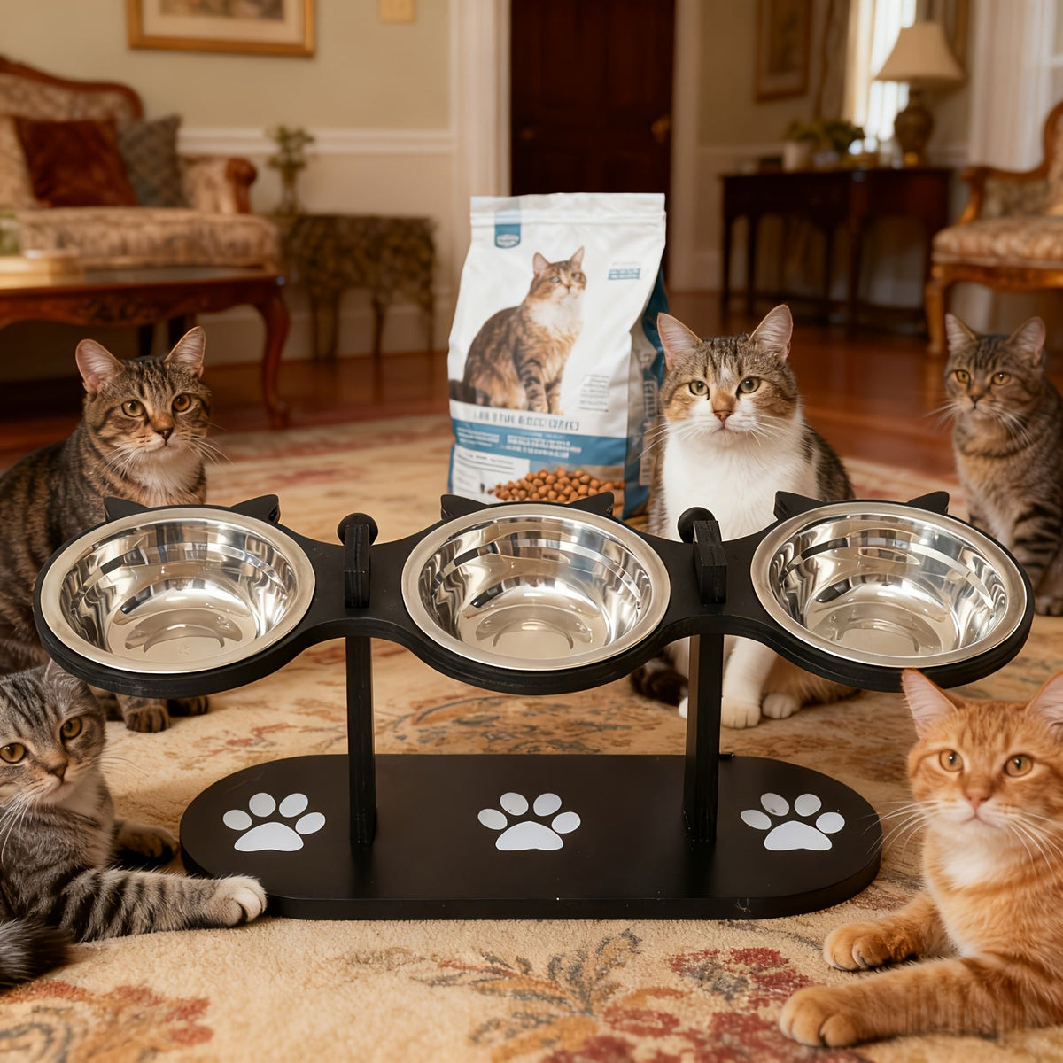 Adjustable Elevated Cat Bowls with 15 Degree Tilt, 2 or 3 Stainless Steel Food and Water Dishes on Black Stand, Standard or Widened Styles