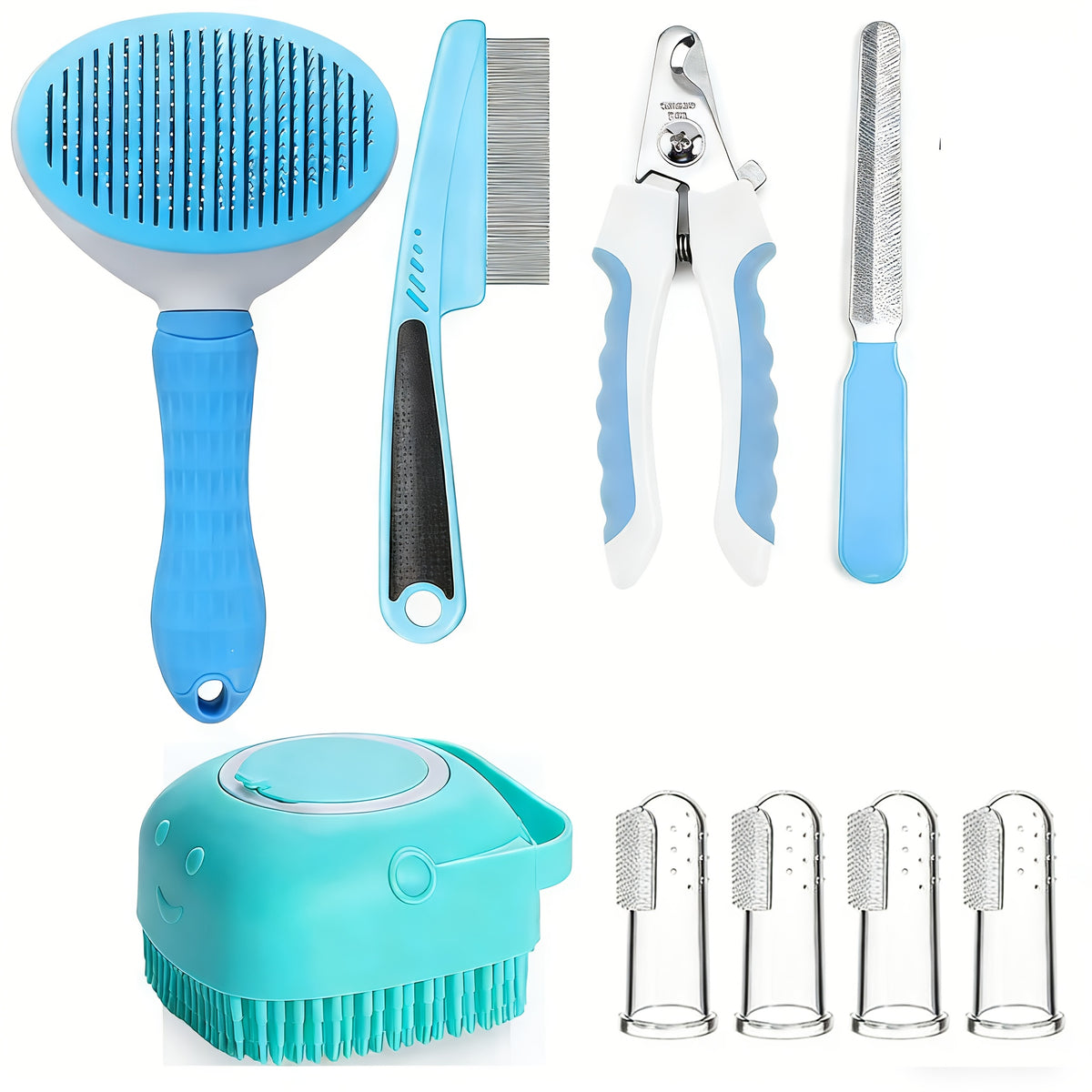 Dog Grooming Tool Set with Self-Cleaning Slicker Brush, Nail Clippers, Comb, Bath Brush and Finger Toothbrushes for At-Home Dog and Cat Care