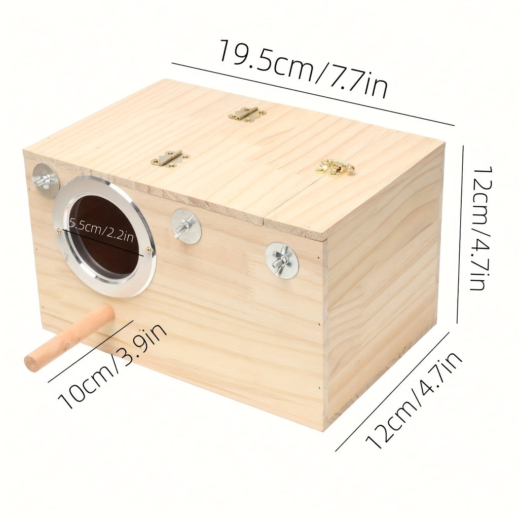 Parakeet Nest Box with Hinged Inspection Lid, Wooden Bird Breeding House with Metal-Rimmed Entrance and Perch, Compact Wood Color Cage Accessory