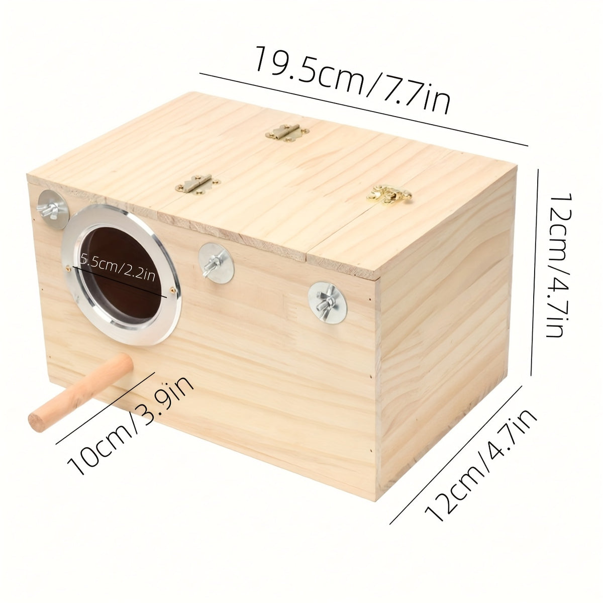 Parakeet Nest Box with Hinged Inspection Lid, Wooden Bird Breeding House with Metal-Rimmed Entrance and Perch, Compact Wood Color Cage Accessory