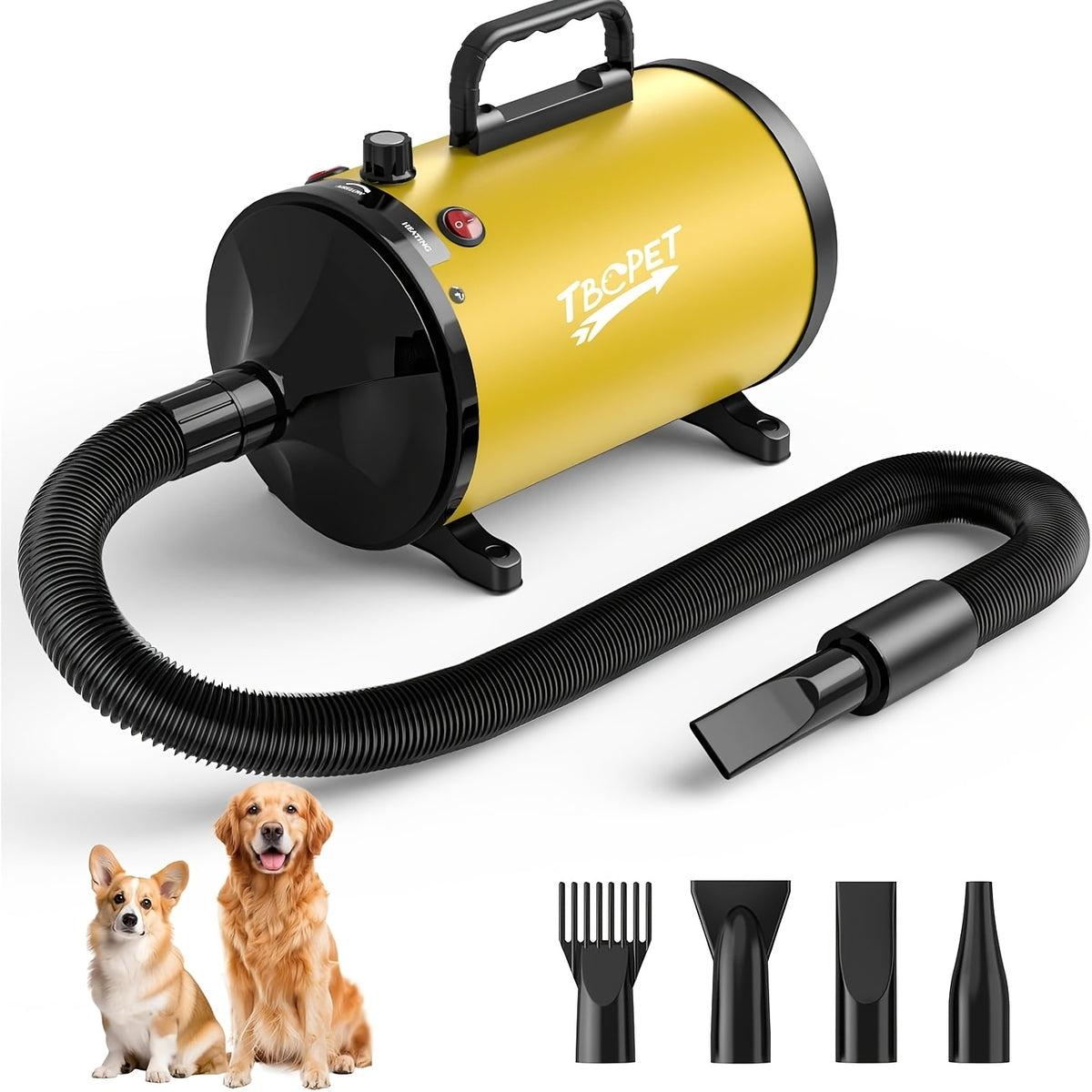 Dog Blow Dryer 2000W with Adjustable Speed and Temperature, Pet Grooming Hair Dryer with 4 Nozzles and Extendable Hose in Four Colors