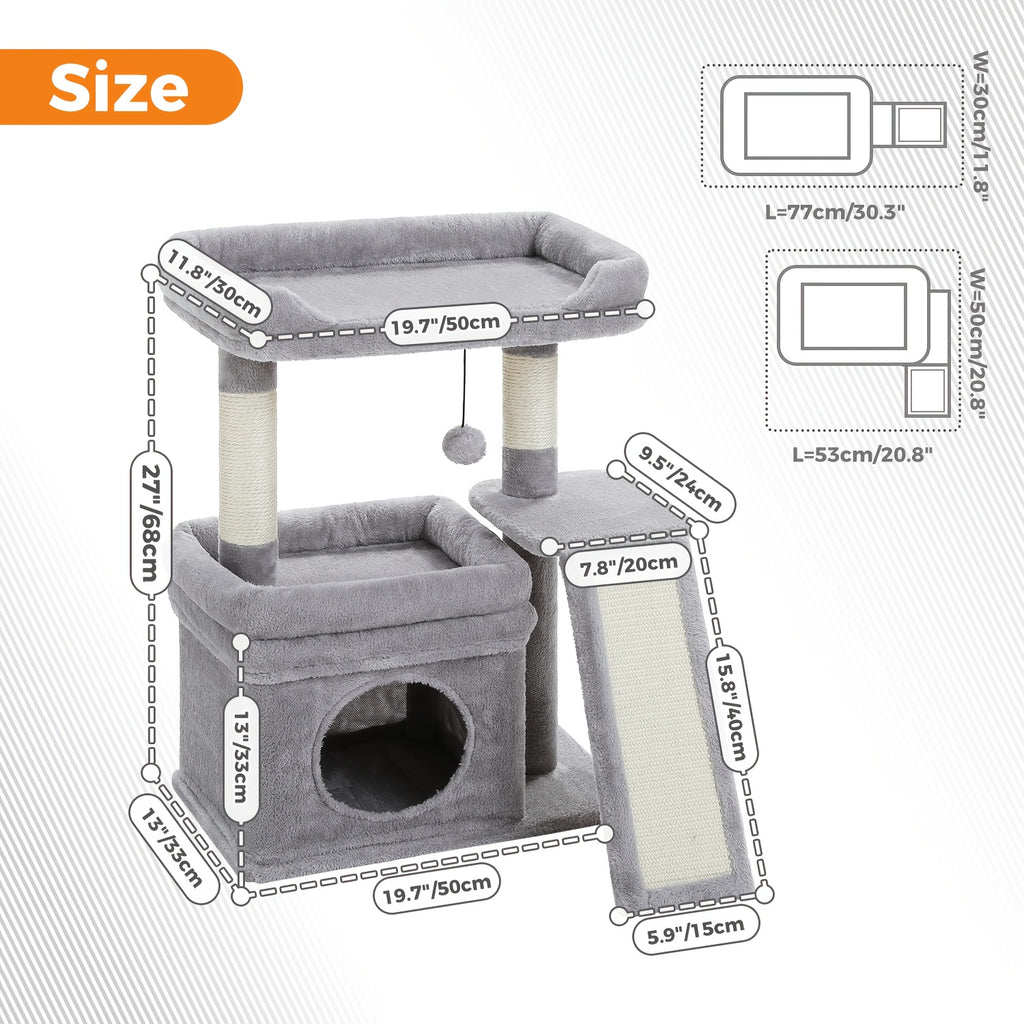 Cat Tree with Wide Perch and Condo, Modern Wood Cat Tower with Sisal Scratching Posts and Pad for Large Adult Indoor Cats and Compact Living Spaces