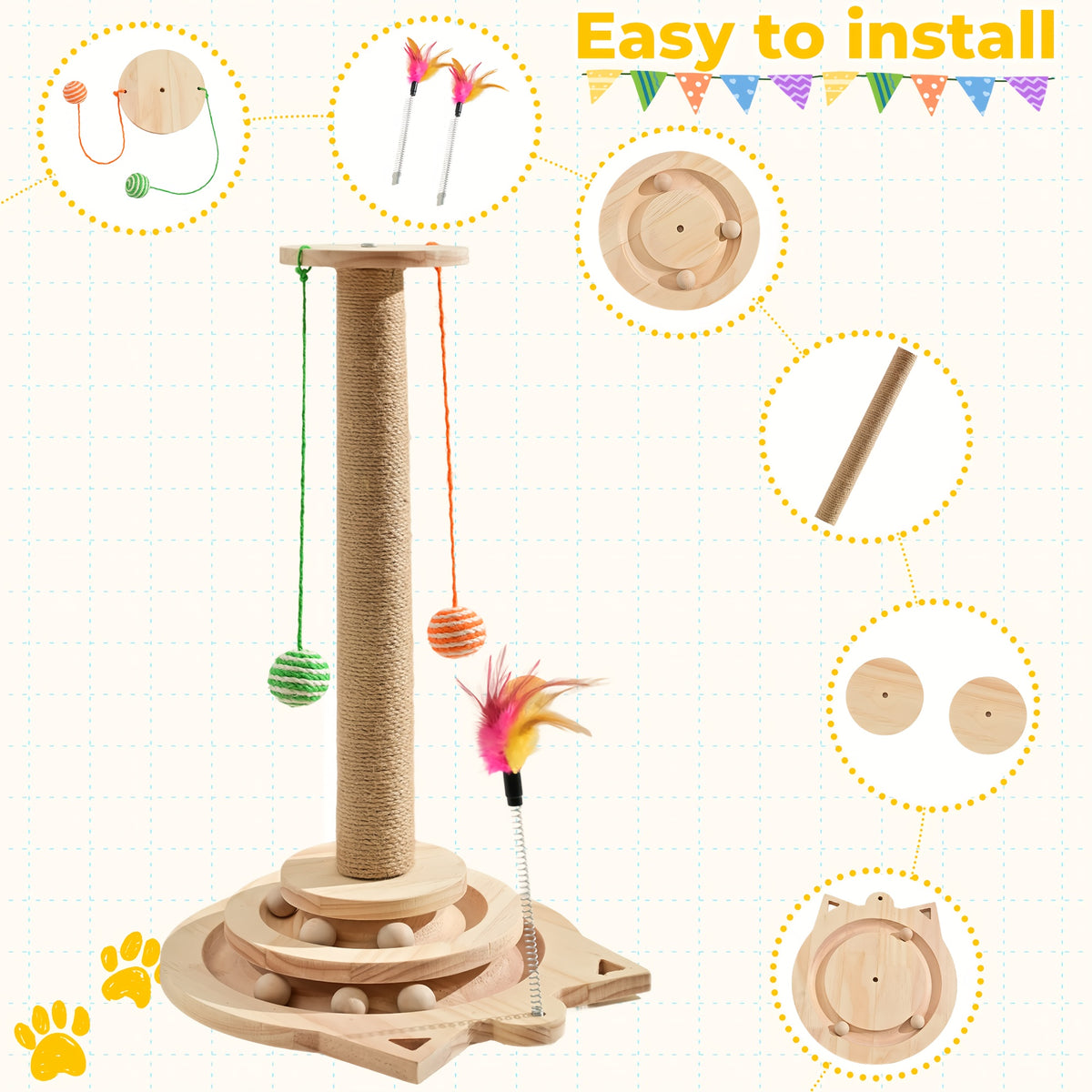 Interactive Cat Scratching Post with Double-Layer Ball Track and Feather Toys, M L XL Cat Scratcher and Replacement Pillar Options for Indoor Cats