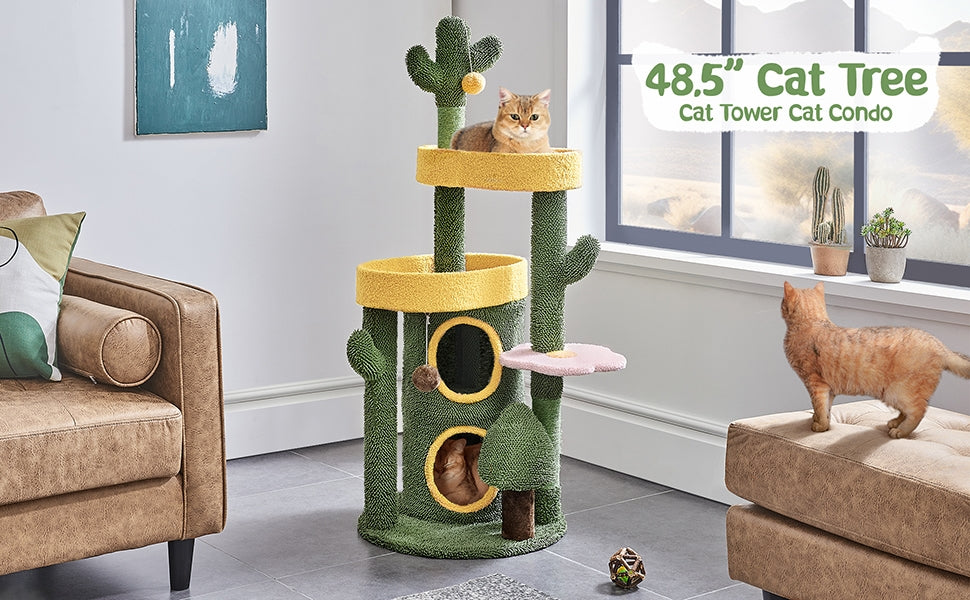 Cactus Cat Tree 48.5 Inch, Oasis-Themed Fleece Cat Tower with 3 Perches, Condo, Scratching Posts and Toys for Small Medium Indoor Cats, Green Yellow