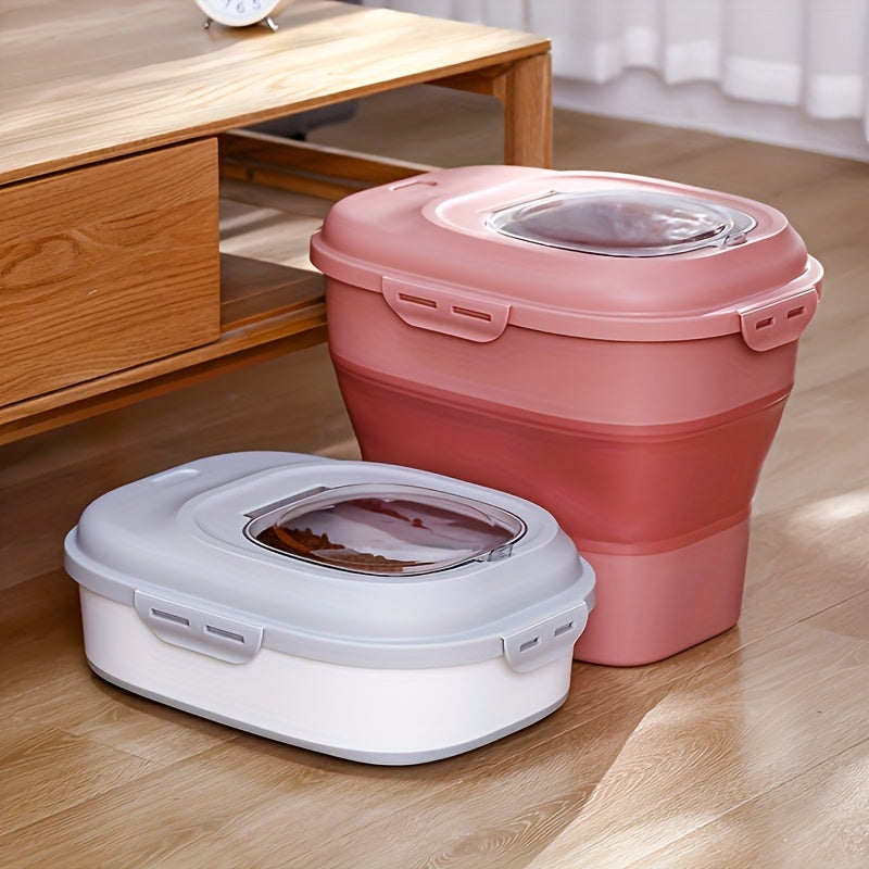 Pet Food Storage Container with Measuring Cup, Foldable Square Plastic Dry Dog and Cat Food Bin with Wheels and Sealing Lid for Pantry Organization