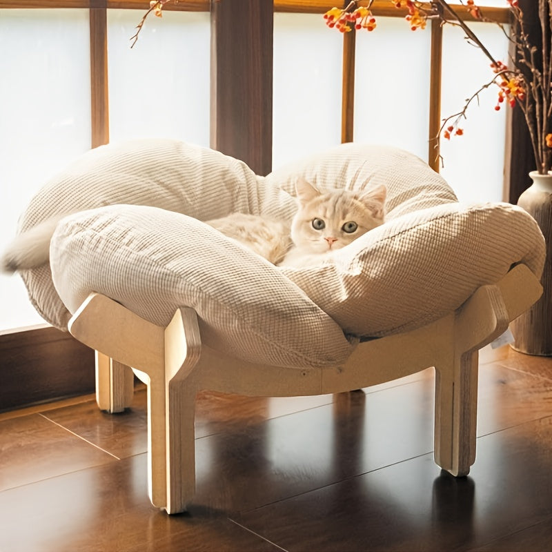 Pink Wooden Cat Lounge Bed with Soft Cushion, Elevated Indoor Pet Sofa Chair in Pink + Two Linen Fish Style for Cat Naps and Cozy Home Lounging