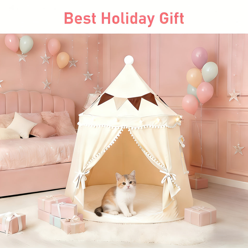 Pop Up Pet Tent for Dogs and Cats, Portable Dome Shelter with No Assembly for Camping and Road Trips, Basic or Mat, Star Lights and Flag Set