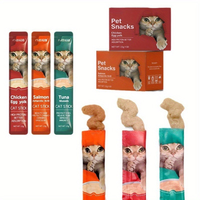 Wet Cat Food Snacks for Adult Cats and Kittens, Pet Treat Packs with Salmon, Tuna and Chicken Egg Yolk Flavor Choices for Everyday Treat Time