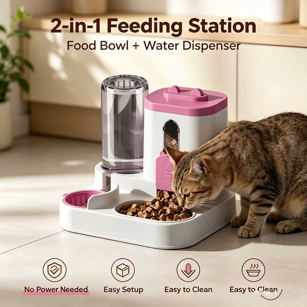 Non-Electric 2-in-1 Pet Feeder for Cats and Dogs, Space-Saving Automatic Feeding Station with Color Choices and Optional Cleaning Sponge Brush