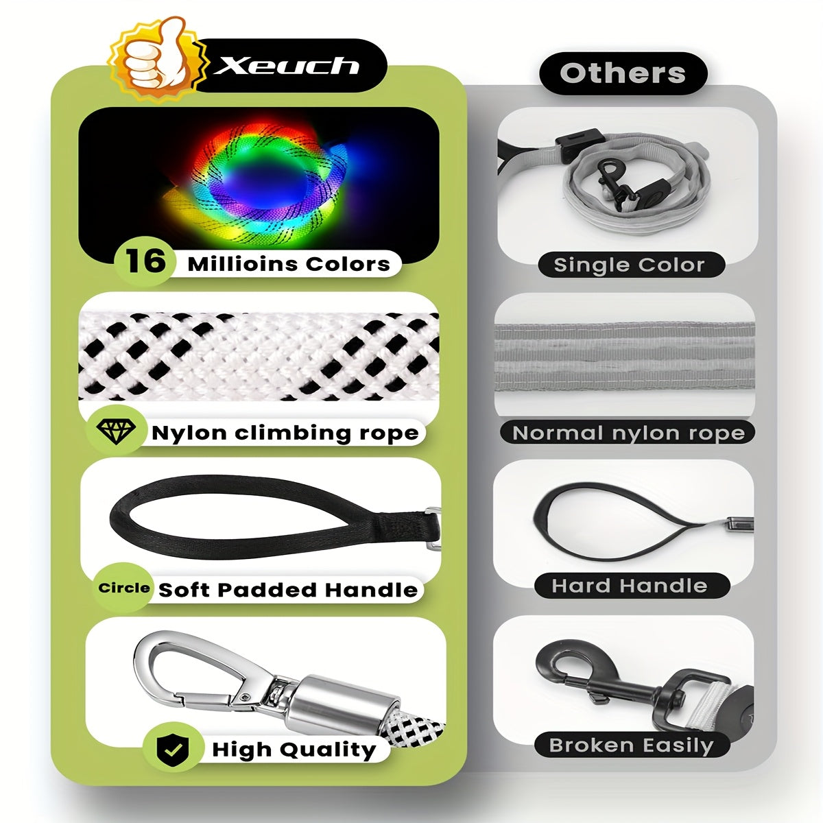 LED Dog Leash 4ft with 13 Lighting Modes, Type-C Rechargeable Light Up Walking Lead with Padded Handle and Swivel Hook for Evening Outings