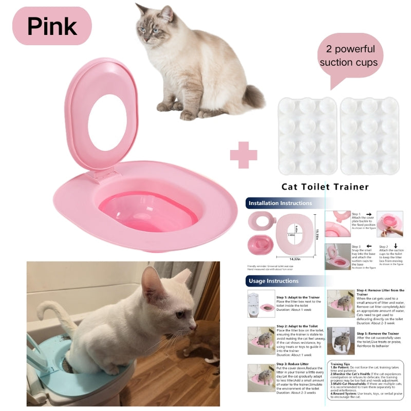 Cat Toilet Training Seat with Oval Design, Easy-Clean Bathroom Training Tray in Pink, Blue or Yellow with Two Toilet Stickers per Selected Color Option