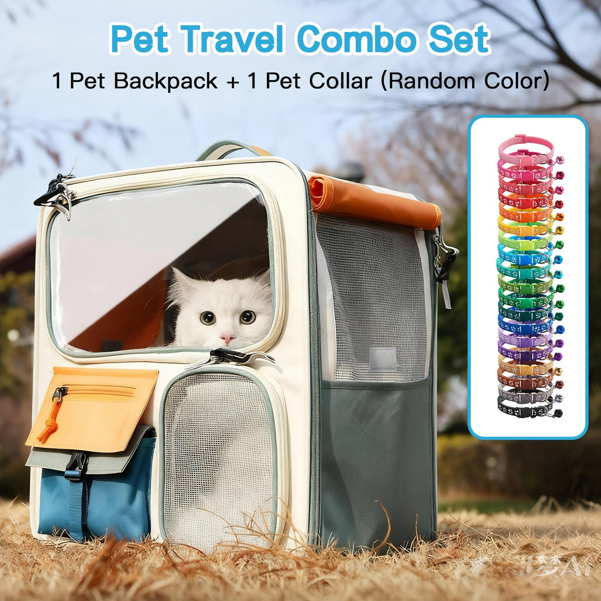 Cat Carrier Backpack with Collar Set, 11.89-Gallon Ventilated Pet Travel Bag for Cats and Dogs Under 27.56 lbs, Everyday Outings
