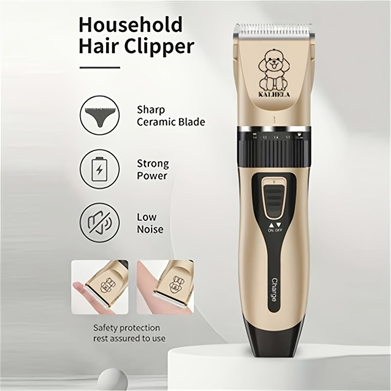 Electric Pet Clippers for Dogs and Cats, Rechargeable Low-Noise Hair Trimmer for At-Home Grooming with Three Gold Grooming Set Options