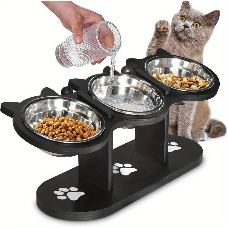 Elevated Cat Bowls with Black Wooden Stand, 15 Degree Tilted Adjustable Feeder with 2 or 3 Stainless Steel Dishes for Cat and Small Dog Food and Water