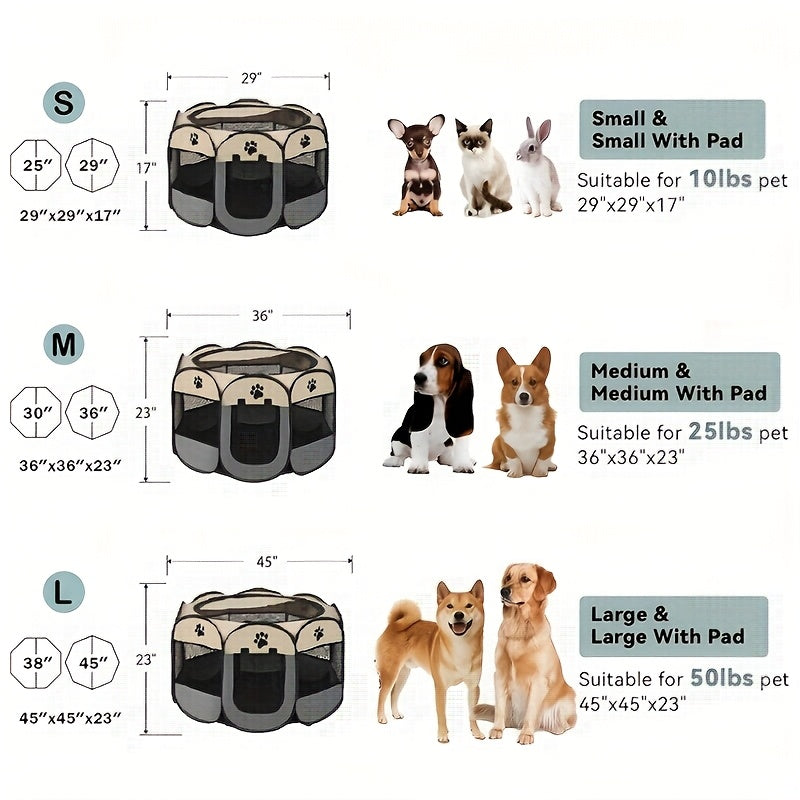 Pet Playpen Tent for Dogs and Cats, Foldable Octagonal Oxford Fabric Enclosure with Paw Print Design for Indoor, Outdoor and Travel Use
