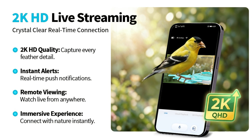 Smart Bird Feeder with Camera, Solar Powered 2K Live View with 4MP Lens, Motion Alerts and AI Bird Recognition for Backyard Bird Watching