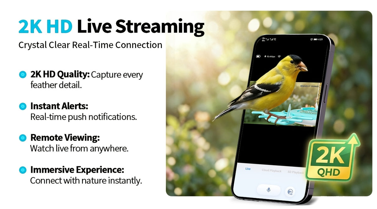 Smart Bird Feeder with Camera, Solar Powered 2K Live View with 4MP Lens, Motion Alerts and AI Bird Recognition for Backyard Bird Watching