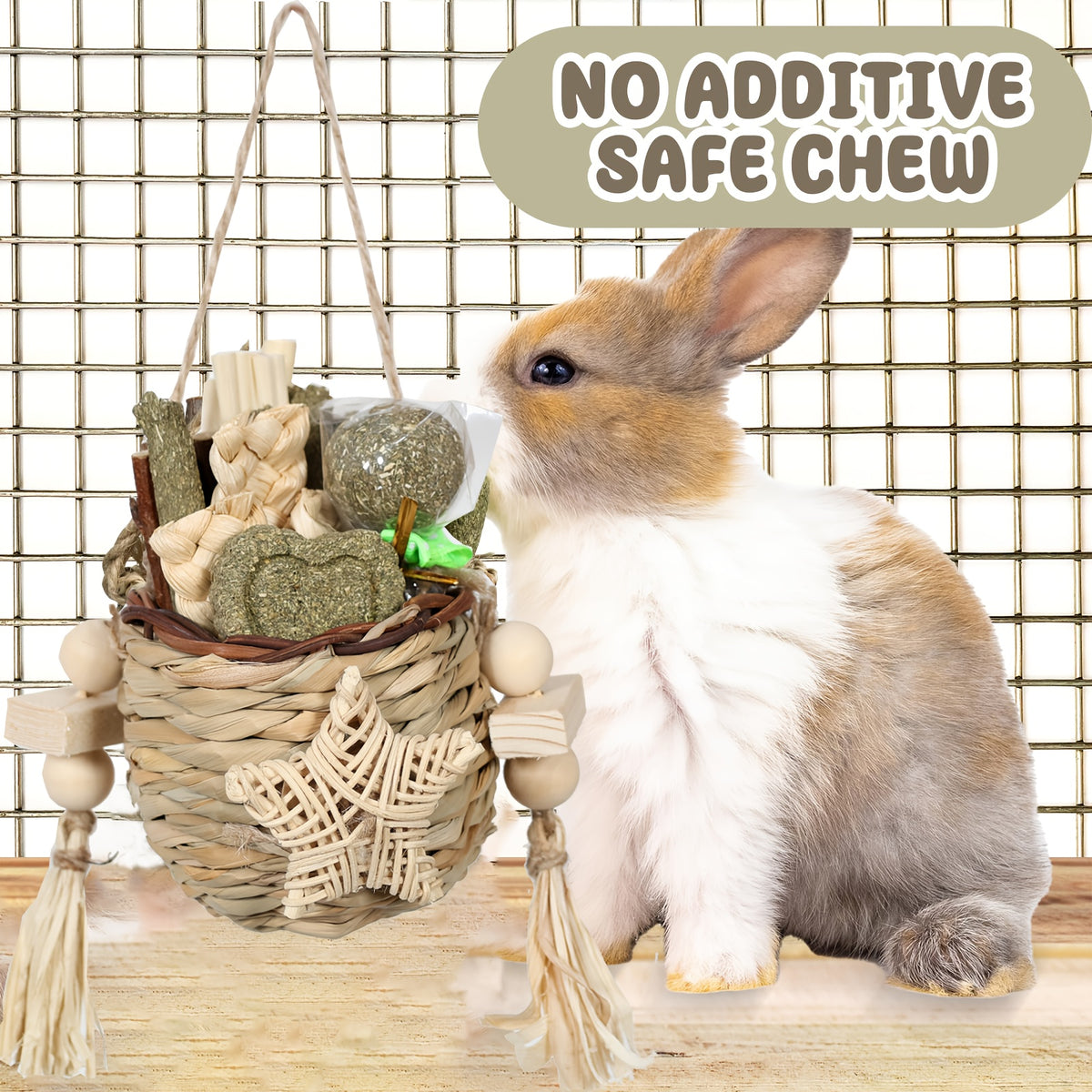 Rabbit Chew Toys with Sweet Bamboo and Timothy Hay Sticks, Basket Pack of 2 for Bunnies and Hamsters, Supervised Small Pet Enrichment and Play