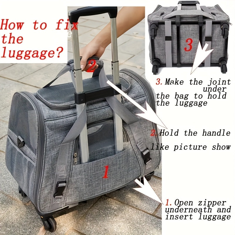 Cat Carrier with Wheels and Carrying Style Options, Foldable Mesh Pet Travel Bag in Light Grey or Pink for Vet Visits and Everyday Trips