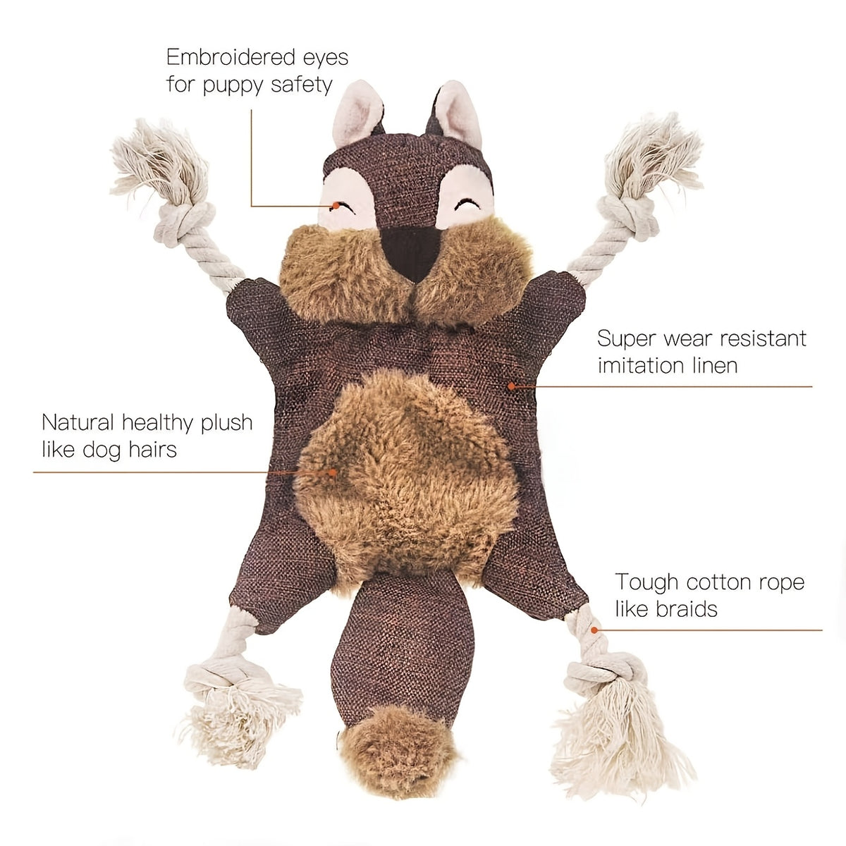 Squeaky Crinkle Dog Toys, No-Stuffing Plush Animal Toys in Brown Squirrel Single or 5-Pack Options for Supervised Puppy Fetch and Indoor Play