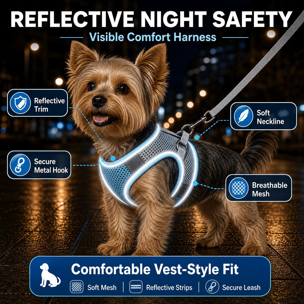 Mesh Pet Harness and Leash Set for Dogs and Cats, Reflective Vest with Padded Edges, Adjustable Fit and Four Color Options in XXS to L